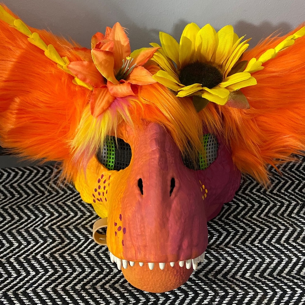 Dino mask with fur ears- flowers